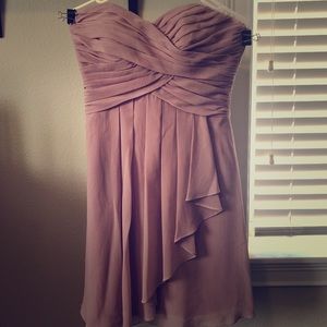Rose gold short David’s Bridal bridesmaids dress